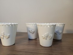 White Porcelain Wedding Favor Cups with Hearts and Bells Lot of 7