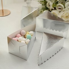 SILVER 10 Triangle 5″ x 3″ Cake Slice Paper BOXES Scalloped Top Party Decoration