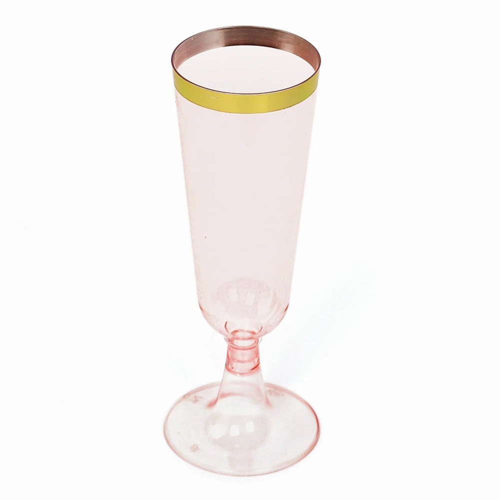 5 oz Transparent Blush with Gold Rim Plastic Champagne Disposable Glasses Party