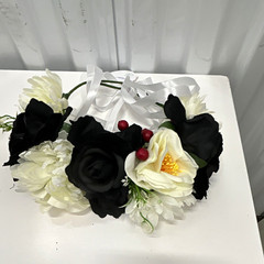 Artificial Wedding Rose Garland w/ White Ribbon Ties – Black White Red Green