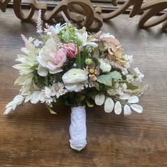 Bridal Wedding Bouquet Hand made Budget Friendly Faux Flowers White Pink Green