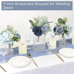10 Silk Rose Bridesmaid Bouquets – Rustic Blue Floral Centerpieces, 7 Inch