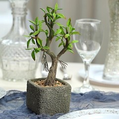 9-Inch tall Brown Concrete Planter Pot Green Artificial Mini Willow Tree
