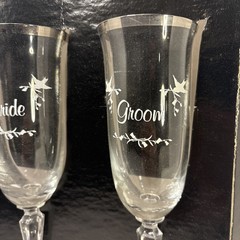 Vintage Wedding Tulip Champagne Glasses Silver Rim Bride & Groom Toasting – Set