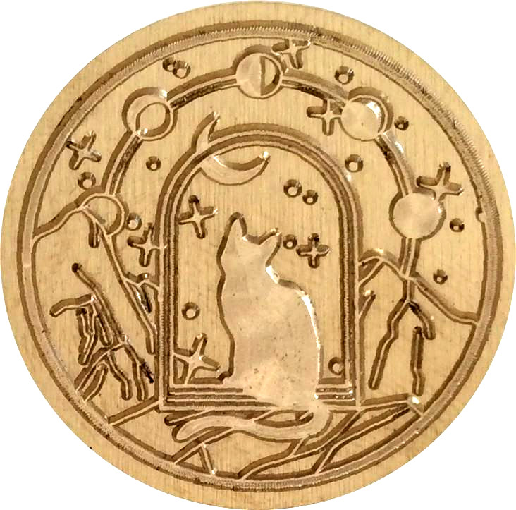 Cat in Arched Window, Moon Phases Overhead – 1.2″ diameter Wax Seal Stamp Head