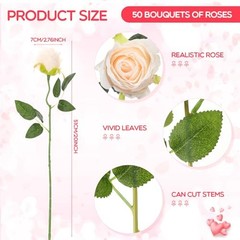 50 Pcs Artificial Rose Flower Bulk Realistic Silk Fake Roses Beige Champagne