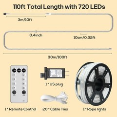 100FT 720 LED Rope Lights Outdoor Waterproof with Remote, 8 Modes and 4 Brigh…