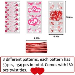 Valentine Cellophane Candy Bags,150 Pcs Treat Bags Heart and Love Shape