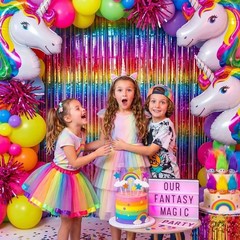 Pack of 4 Sparkly Neon Rainbow Foil Fringe Curtain Backdrop Metallic Streamer…