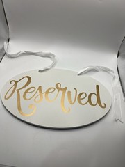 Set Of 4 Wooden White & Gold Lettering Reserved Signs+White Ribbon Ties -Wedding