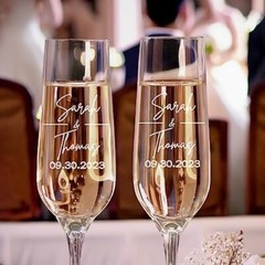 PAIR LASER ENGRAVED GLASS CHAMPAGNE FLUTES TOASTING GLASSES