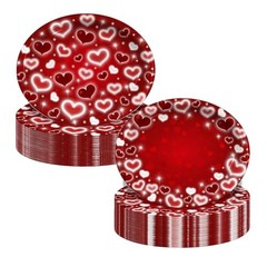 Valentines Day Plates, Early 2000s Glitter Heart Disposable Paper Plates, Red