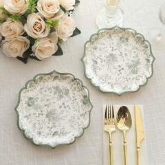 25 WHITE SAGE GREEN 8″ Floral Leaf Print Paper PLATES Scalloped Rim Party Event