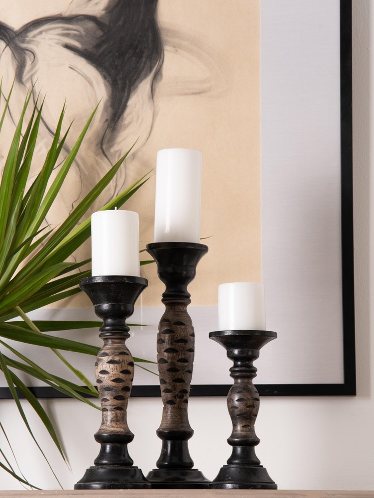 Handmade Eco-Friendly Dark Polish Mango Wood Set Of Three Pillar Candle Holder