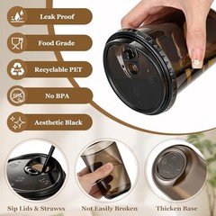 Set Clear Plastic Cups with Sip Lids & Straws, Disposable Round 16oz 100 Black