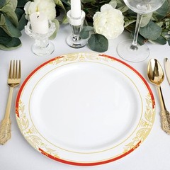 10″ White Round Salad Plates Red Gold Trim Party Wedding Disposable Tableware