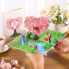 Pop Up Anniversary Cards 3D Cherry Blossom Couple in Love, Heart Cherry