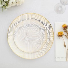10 White 7″ Round Plastic Salad and Dinner Plates Gold Strokes Party Decorations