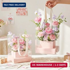Kolldenn 12 Pack Clear Pink Flower Bouquet Bags with Handle, 9.45 Inch Mother’s