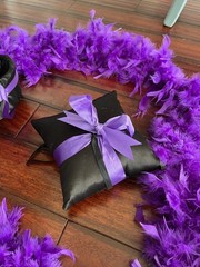 BLACK & PURPLE RING BEARER PILLOW & FLOWER GIRL BASKET w/ 2 PURPLE FEATHER BOAS