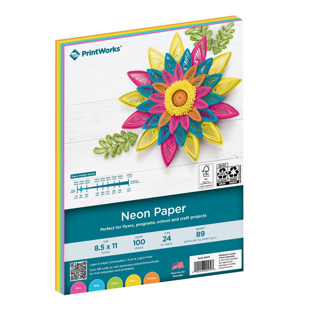 Printworks Neon Colored Paper, 24 lb, 5 Assorted Florescent Single,