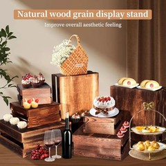 8 Pcs Buffet Risers with Mini Signs 8 Pcs (8.0″, 7.0″, 6.5″, 5.5″) Rustic Wood
