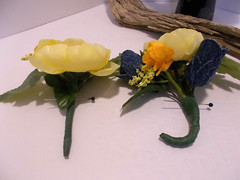 Bridal Denim Roses and Yellow Ranunculus Bouquet & Corsage & Boutonniere Set