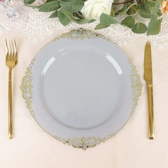 10 GRAY GOLD 10″ Round Plastic Salad Dinner PLATES Embossed Baroque Rim Party