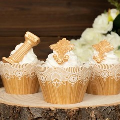 25 NATURAL WHITE Cupcake Liners Muffin WRAPPERS Wood Lace Printed Design Party