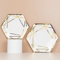 25 White 9″ Hexagon Paper Salad Dinner Plates Gold Trim Tableware