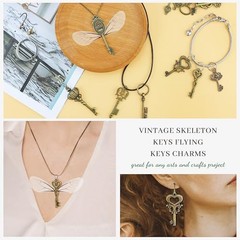 46 PCS Vintage Skeleton Keys Flying Keys Charms with 50 Pairs Dragonfly Wings