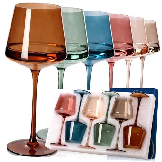 Colored Wine Glasses Set of 6-18oz【Hand Blown】Crystal Colorful Wine Multicolor