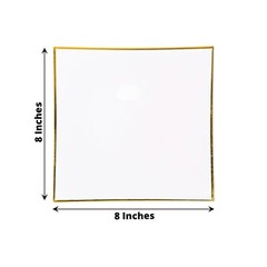 10 WHITE 8″ Square Concave Plastic Salad Dinner PLATES Gold Rim Party Events