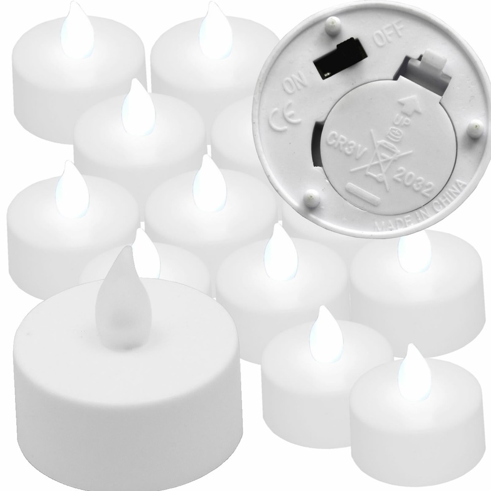 12 Qty COOL WHITE Flickering Flameless Battery Operated LED Tea Light Candles