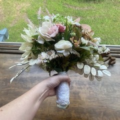 Bridal Wedding Bouquet Hand made Budget Friendly Faux Flowers White Pink Green