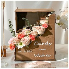 Wooden Wedding Card Box with Wave Flower Trough, Rustic Brown Wedding Card Bo…