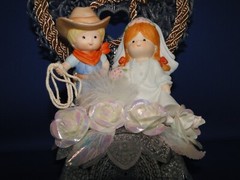 New Western Bride & Groom & Cowboy Hat, Rope Decored Heart Wedding Caketop, #132