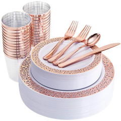Wellife 175 Pieces Rose Gold Plastic Dinnerwarerose Gold Dinnerware Set Include