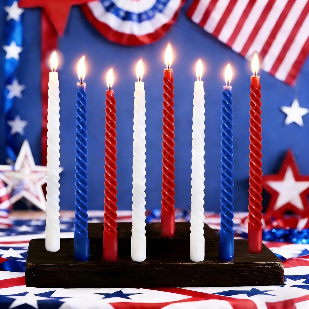 12 Pcs Patriotic Spiral Taper Candles Red Blue White Dripless Twisted Unscented