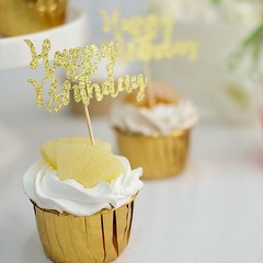 24 Gold Glittered Happy Birthday Cupcake Toppers Cake Decorations Party Supplies