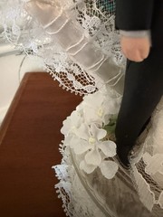 VTG Wedding Cake Topper Bride and Groom Figurine with Lace Heart and Garter