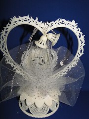 New 25th Wedding Anniversary Double Heart & Bells, silver flowers caketop #46