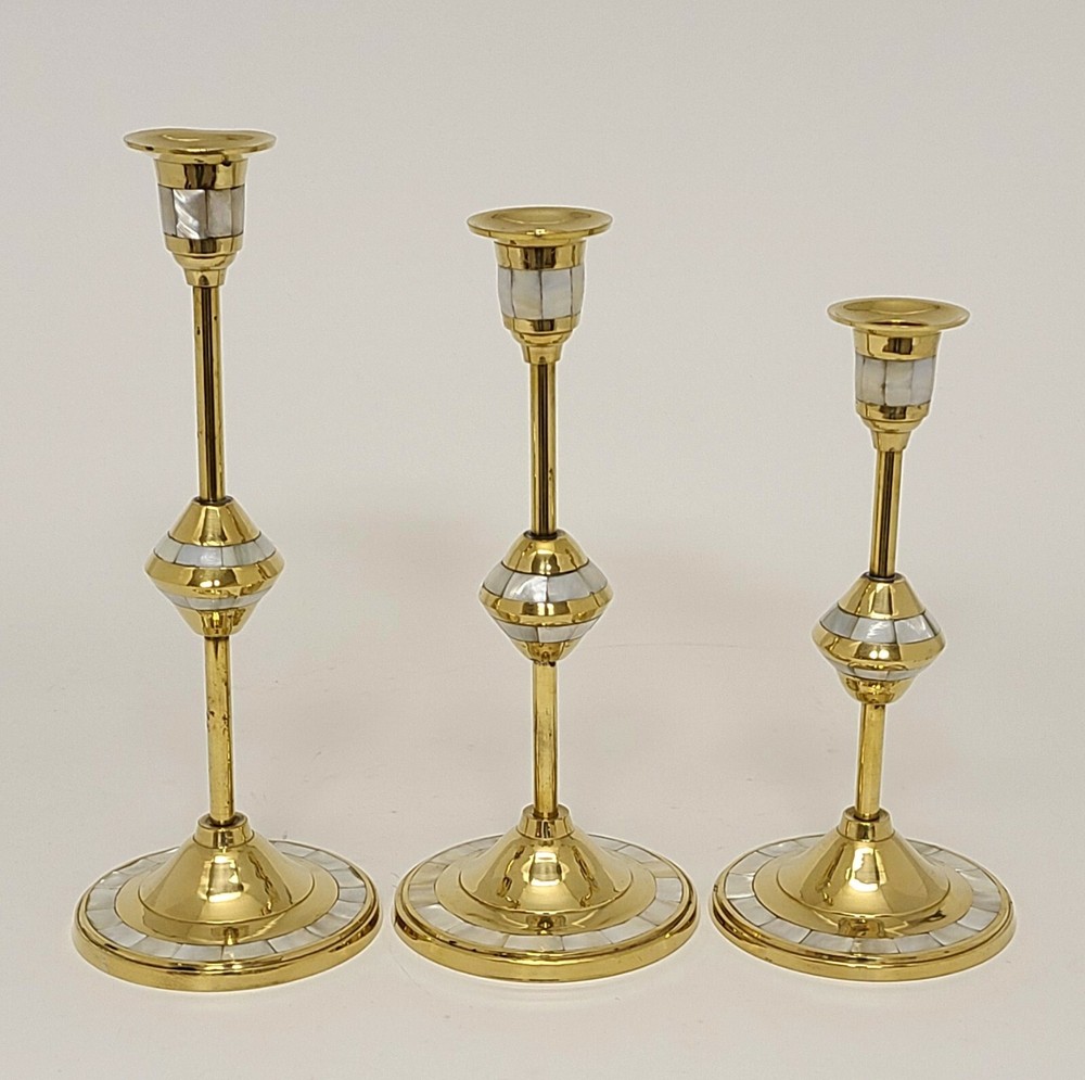 Candle Holder Brass Mother of Pearl Inlay Round 8″-9″-10″High Set of 3