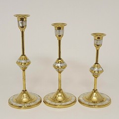 Candle Holder Brass Mother of Pearl Inlay Round 8″-9″-10″High Set of 3