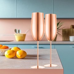 Stainless Steel Champagne Flutes Set of 2-Unbreakable Metal Long Rose Gold