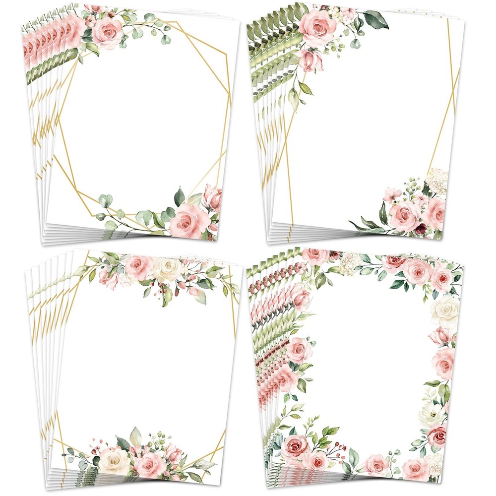 AnyDesign 48 Sheets Pink Floral Stationery Letterhead Paper Double-Sided