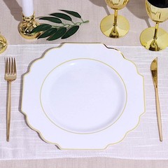 10 WHITE 11″ Baroque PLASTIC DINNER PLATES with Gold Rim Party Event Decorations