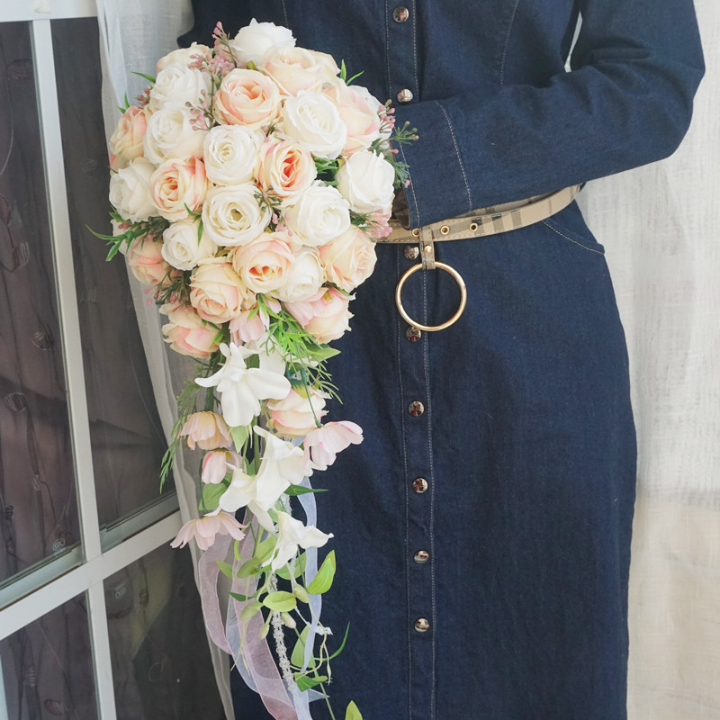 Simulation Bride Holding Flowers Waterfall Pink White Rose Bouquet Wedding