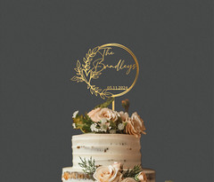 Minimalist Chic Script Wedding Cake Topper, Acrylic Cake Topper w/ Rustic Wreath