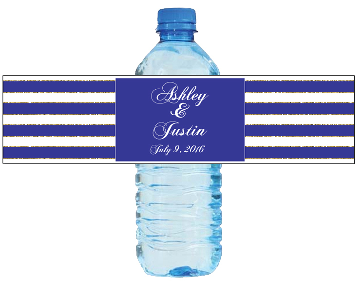 100 Navy blue / White & Gold stripes Wedding Birthday Party Water Bottle Labels